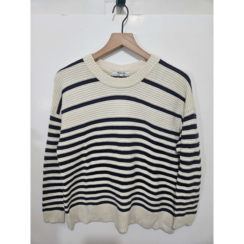 Madewell Striped Button Back Sweater Cream Navy Blue Ribbed Knit NC680 Small